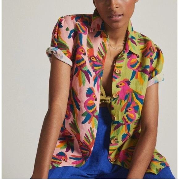 Farm Rio Top Womens Small Bird Printed Shirt Colorful Linen Tropical Boho Chic - Picture 5 of 16